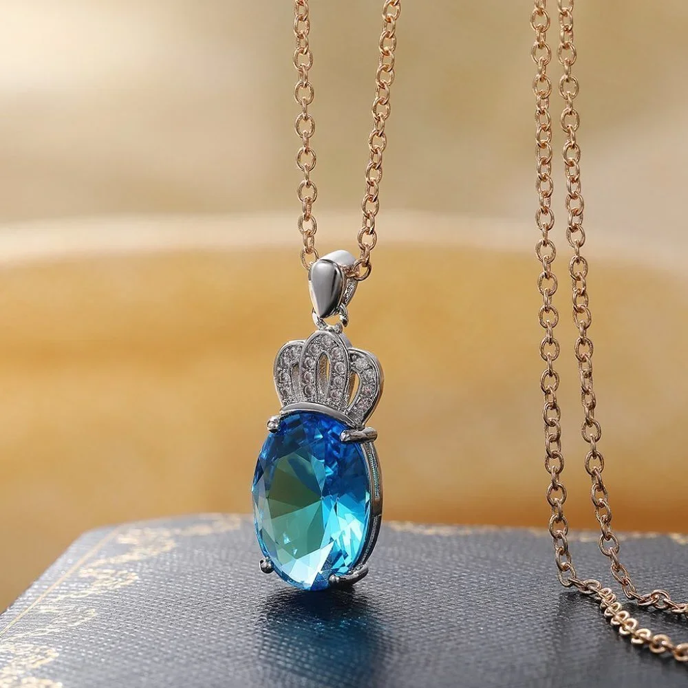 💞Oval Gemstone Crown Silver Plated Pendant Necklace for Women, EVGG1114